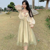 Summer Floral Elegant Midi Patchwork Bandage Fairy Party Korean Hem Lace Mesh Strap Dress