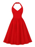 Halter Neck High Waist Red Vintage Style Summer Pleated Beach Women Party Elegant Backless Sexy Dress
