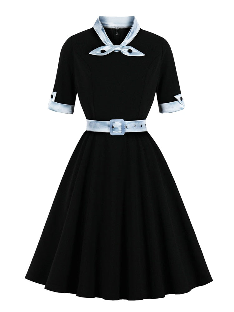 Green Contrast Bow Neck and Cuff Vintage Belted Dress Half Sleeve Autumn Women Fit and Flare Retro Swing Dresses