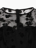 Floral Embroidered Mesh Overlay Elegant High Waist Black Women Sleeveless A Line Party Summer Dress