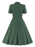 Bow Tie Neck Button Front Polka Dot Pinup 50s Vintage Shirt Dresses Women A-Line Summer Female Elegant Green Dress