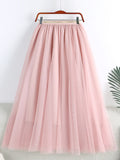 Spring Summer Women Elastic High Waist A Line Tulle Solid Casual Big Swing Mesh Midi Skirt