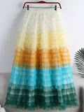 Women Gradient Color Sweet Tiered Ball Gown Tulle Skirt Elastic High Waist A Line Midi Long Skirt