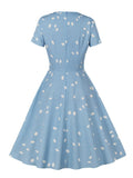 V-Neck Short Sleeve Vintage A Line Dress in Light Blue Women Summer Dot Print Evening Beach Dress