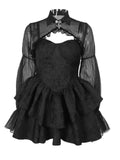 Elegant 2pcs Y2k Black Mini Party Long Sleeve Spahetti Straps Patchwork Mesh Kawaii Ruffle Cake Dresses Hot Girl Sundress