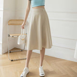 Ladies Elegant A-line Spring Korean Style Solid Color High Waist Women Knee-length Casual Skirt