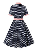 Contrast Collar Polka Dot Vintage Dress Pinup 50s Women Single Breasted Belted Summer Cotton Rockabilly Dresses