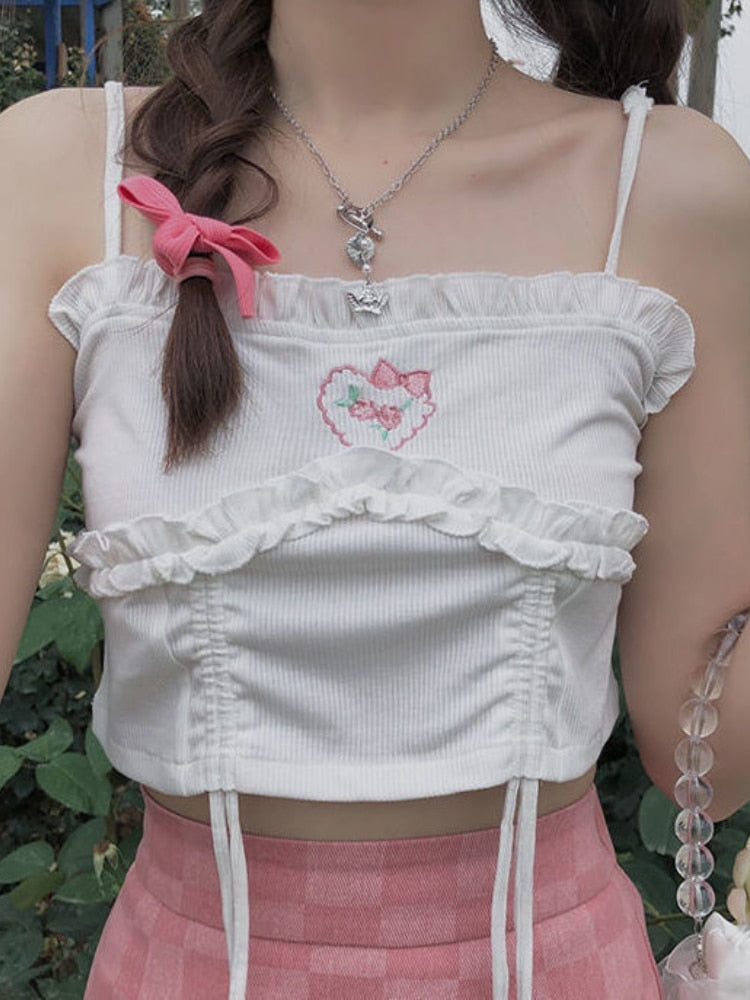 Summer Shirring Floral Sweet Embroidery Cute Korean Midriff Chic Kawaii Party Tops