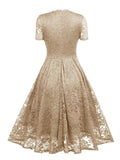 V-Neck High Waist Lace Elegant Party Vintage Midi Dresses for Women Short Sleeve Summer Style Pleated Swing Dress