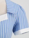 Square Neck Striped Vintage Rockabilly Dress Elegant Clothes Women Short Sleeve High Waist A-Line Cotton Dresses