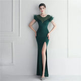 Elegant Feather Long Party Sexy Slit Crystal Dress Floor Length Evening Party Maxi Celebrity Dress