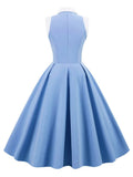 Light Blue Women Turn-Down Collar Button Up Vintage Style Midi Dress Sleeveless Elegant Ladies Pocket Swing Dresses