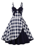 1950s Pinup Vintage Style Plaid High Waist Women Bow V-Neck Cotton A Line Retro Party Dress