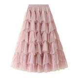 Women Asymmetrical Tulle Long Black Ruffle Layered Vintage High Waist Puffy Pleated Maxi Skirt