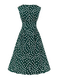 Vintage Polka Dot High Waist Slim Midi Dresses Women Sleeveless O-Neck Pockets Summer Casual Elegant Dress