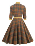 Elegant Clothes Plaid Vintage Pocket Midi Swing Dress for Women Bow Neck 3/4 Length Sleeve Spring Dresses