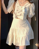 2pcs/set Summer Pleat Bow Sweet Women Korean Puff Sleeve Kawaii Mini Skirt Set Slim Party Suit