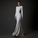 Long Sleeve Sexy Backleess Satin Party Dress Floor Length White Color Evening Party Maxi Celebrity Dress