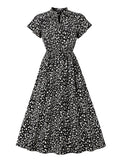 Frill Tie Neck Short Sleeve Black Print Vacation Beach Elegant Long Summer Elastic Waist Midi Casual Dress