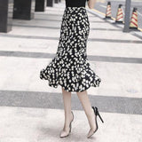 Women Summer New Korean Mermaid Vintage Long Ruffle Fishtail Skirt High Waist Floral Skirt