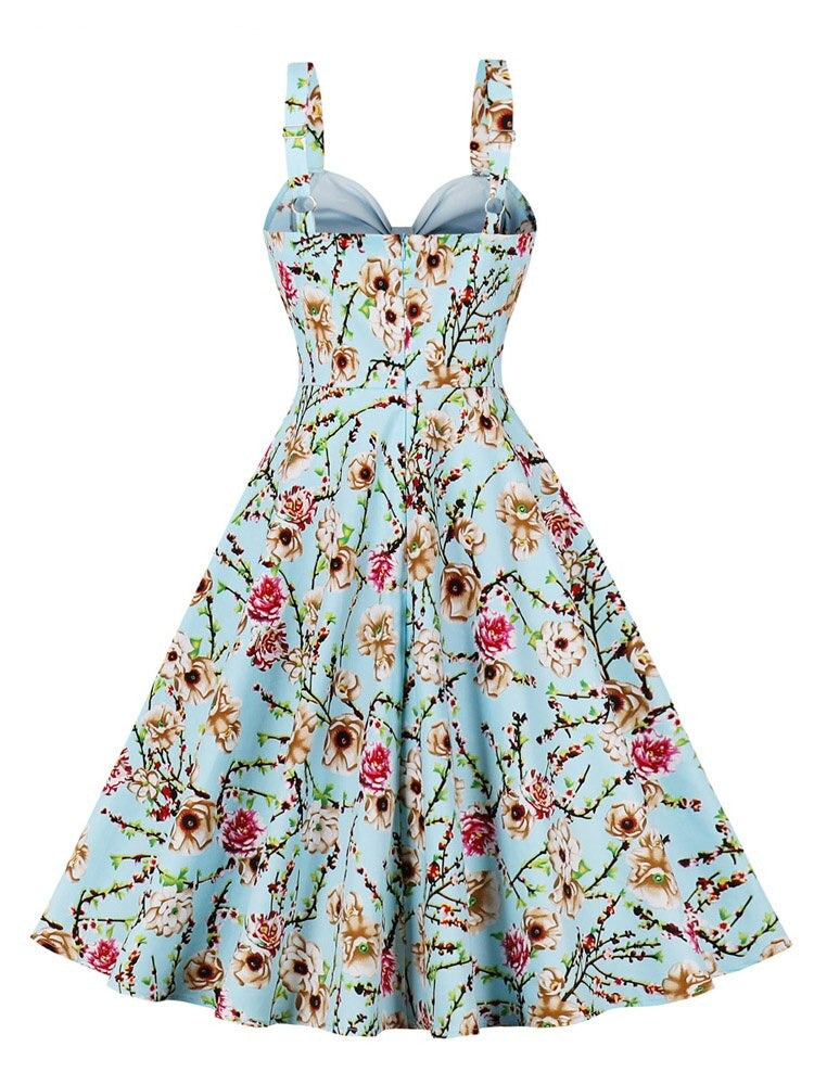 V-Neck Bow Front Pink and Floral 50s Rockabilly Cotton Spaghetti Strap Party Elegant Summer Dress