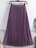 Women Office Lady Elegant Pleated Skirt Elastic High Waist Casual Midi Long Skirt