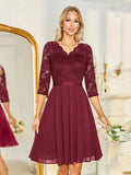Scalloped V-Neck Stunning Vintage Stylish Lace Dress Women Patchwork Chiffon 3/4 Sleeve Formal Occasion Pleated Dresses