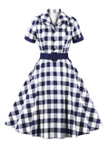 Women Cotton Rockabilly Vintage Turn-Down Collar Short Sleeve A-Line Summer Solid and Plaid Belt Dresses