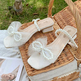 Summer Pearls Ankle Strap Sandals Sweet Lace Bow Party Wedding Shoes Woman Beige Square Heels Sandal