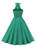 Criss Cross Halter Neck Single Breasted Polka Dot Vintage Dresses Women Shirred Back Backless Fit and Flare Party Dress