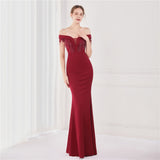 Women Off The Shoulder Elegant Beading Evening Dress Knitting Slim Party Gown New Sleeveless Formal Dress