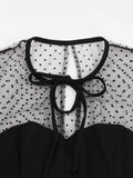 Bow Tie Neck Mesh Short Sleeve A Line Vintage Swing Dresses for Women Summer Robe Pocket Side Solid Elegant Dress