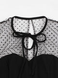 Bow Tie Neck Mesh Short Sleeve A Line Vintage Swing Women Summer Robe Pocket Side Solid Elegant Dress