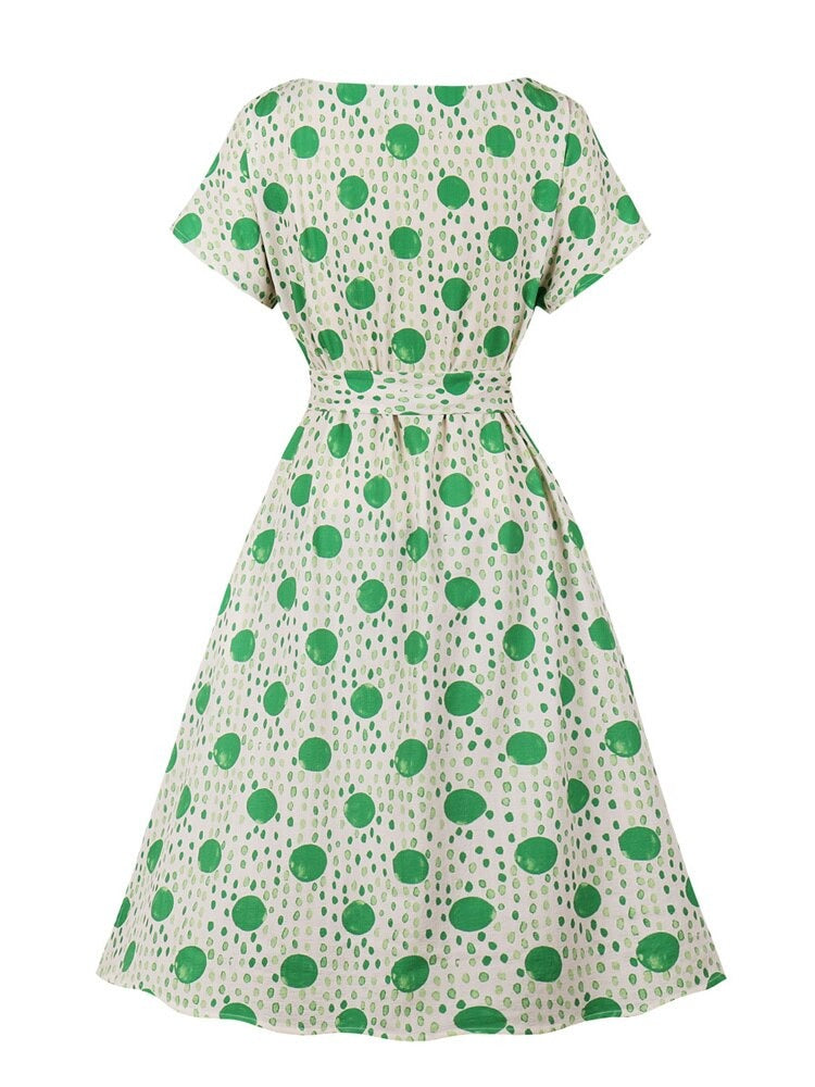 Vintage Look Vacation Outfits Green Dot Summer Bow Tie High Waist Elegant Pocket Midi Dress