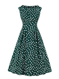 Vintage Polka Dot High Waist Slim Midi Dresses Women Sleeveless O-Neck Pockets Summer Casual Elegant Dress