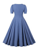 Keyhole Front High Waist Elegant Formal Occasion Dresses Short Sleeve Women Summer Vintage Solid Midi Swing Dress