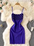 Straight Neckline Sleeveless Check Knitted Mini Dress Summer Spaghetti Strap Sexy Bodycon Dress