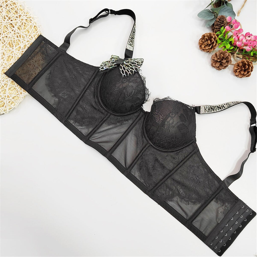 Crop Top with Built-in Bra as Outerwear Women Lace Mesh Cropped Sexy Wide Straps Corset Push Up Bustier