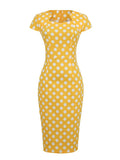 Polka Dot High Waist Elegant Bodycon Pencil Women Cap Sleeve Summer Midi Cotton Dress