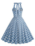 1950s Style Polka Dot Rockabilly Cotton Dresses Women Halter Button Up Party Evening Backless Pockets Vintage Dress