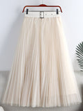 Elegant Long Women Tulle Pleated Skirt With Belt High Waist Solid Mesh Midi Skirt