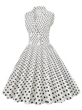 Notched Collar Double Breasted White Cotton Dresses Women Sleeveless Polka Dot Vintage Rockabilly Midi Dress
