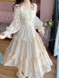 Patchwork Kawaii Vintage Chiffon Elegant Print Party Midi Casual Korean Sweet Dress