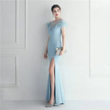 Elegant Feather Long Party Sexy Slit Crystal Dress Floor Length Evening Party Maxi Celebrity Dress