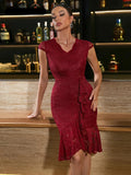 Burgundy Lace Elegant Bodycon Ruffle Mermaid Dress V-Neck Cap Sleeve Women Evening Cocktail Party Dresses