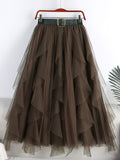 Ruffle Tulle Skirt With Decorative Belt Elastic High Waist Casual Pleated Midi Skirt