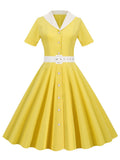 50s Summer Vintage Robe Women Short Sleeve Single Breasted Belted Elegant Ladies A Line Swing Dresses