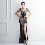 Sexy Slit Black Gold Sequin Evening Dress Sleeveless Beading Formal Party Maxi Dress Long Prom Dress