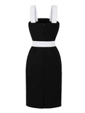 Square Neck Black Bodycon Belted Summer Tank Dress Vintage Women Sleeveless Slim Fit Elegant Pencil Dresses