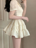 All-match 90's Harajuku Bubble Sleeve Sweet Kawaii Women Bow Lace French Vintage High Waist Mini Dress